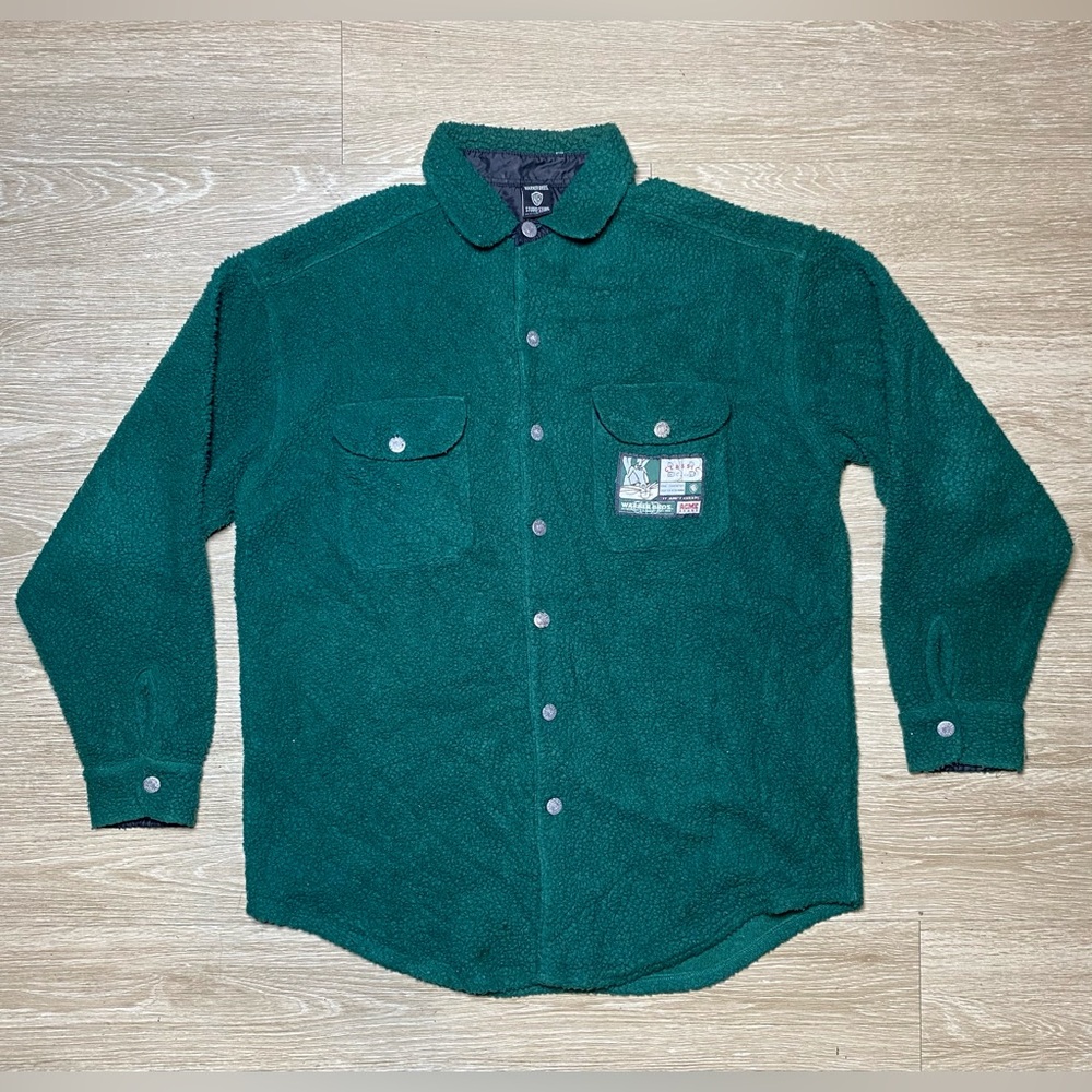 Vintage Looney Tunes Warner Bros‎ Green Fleece Shirt Jacket Men’s Size MEDIUM